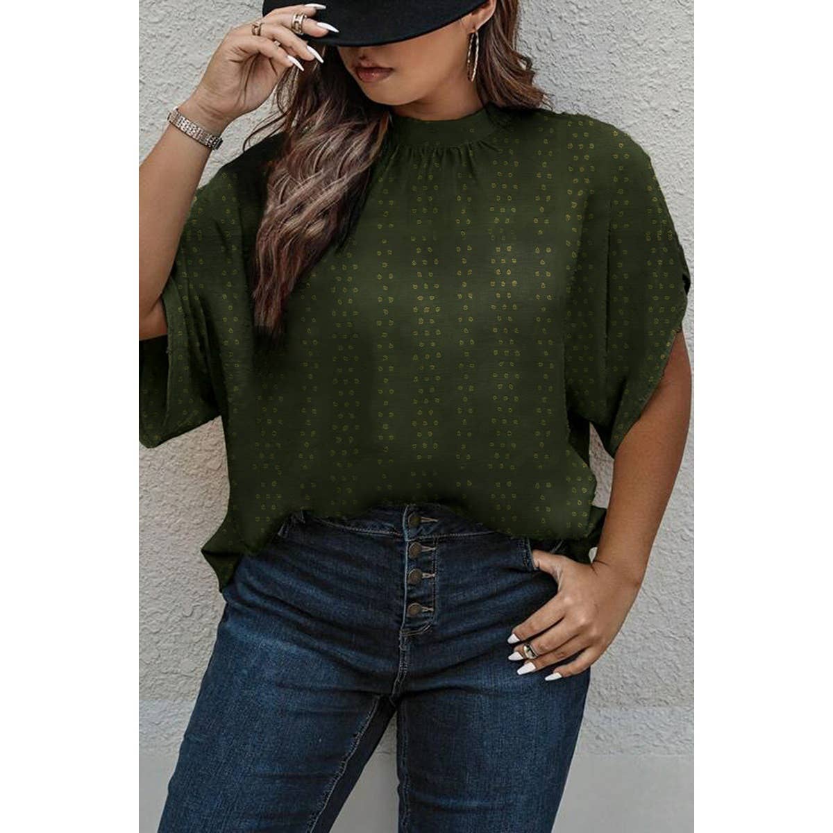 Plus Swiss Dot Solid Loose Half Sleeve Blouse | Blouse - Women's | 2401, F, new arrival, plus, Top | Elings