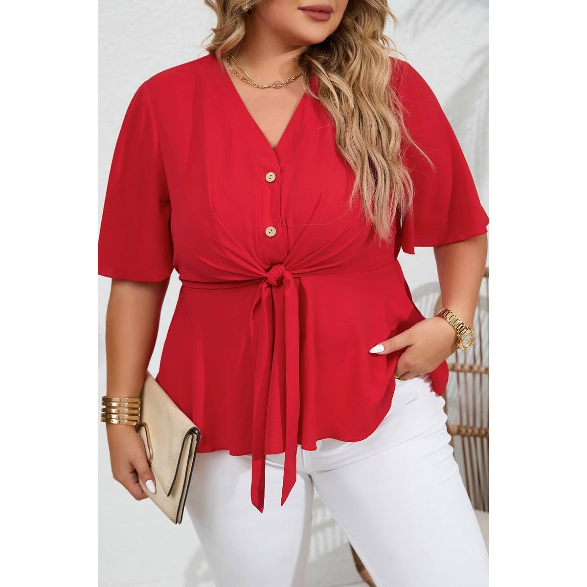 Plus Tie Front Half Button V Neck Solid Blouse