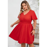 Plus V Neck Elastic Waist Fit Ruffle Midi Dress