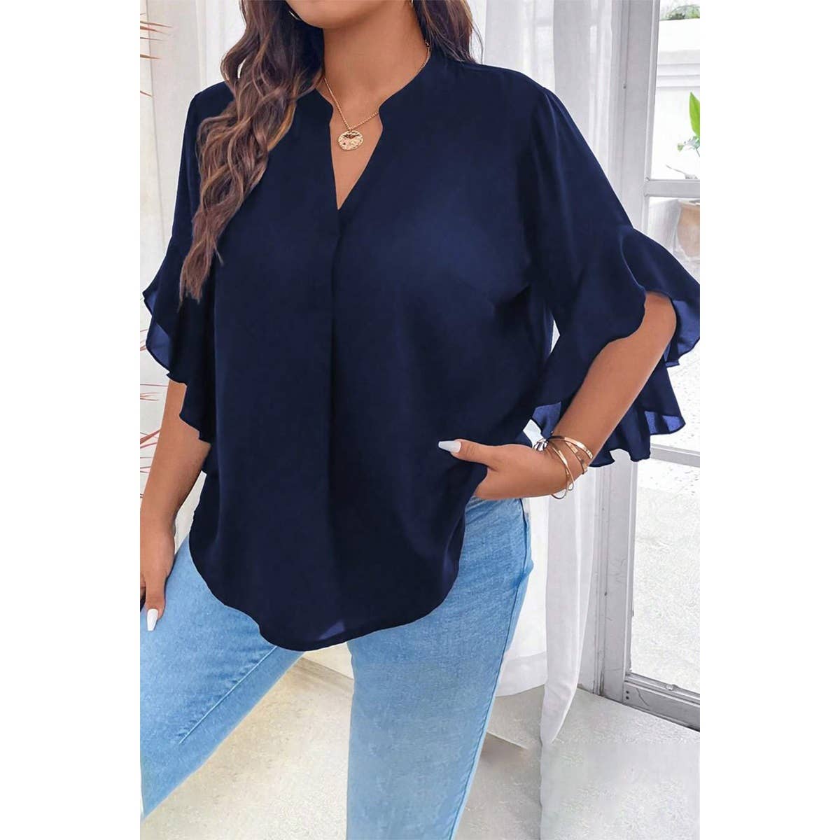 Plus V Neck Ruffle Half Sleeves Loose Blouse - MVTFASHION.COM