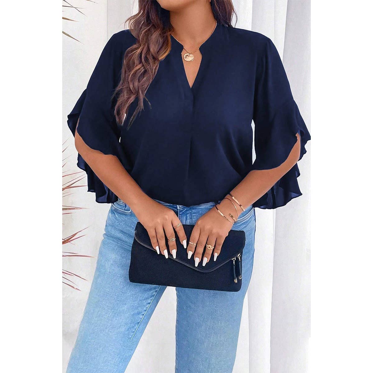 Plus V Neck Ruffle Half Sleeves Loose Blouse | Blouse - Women's | 2401, F, new arrival, plus, Top | Elings