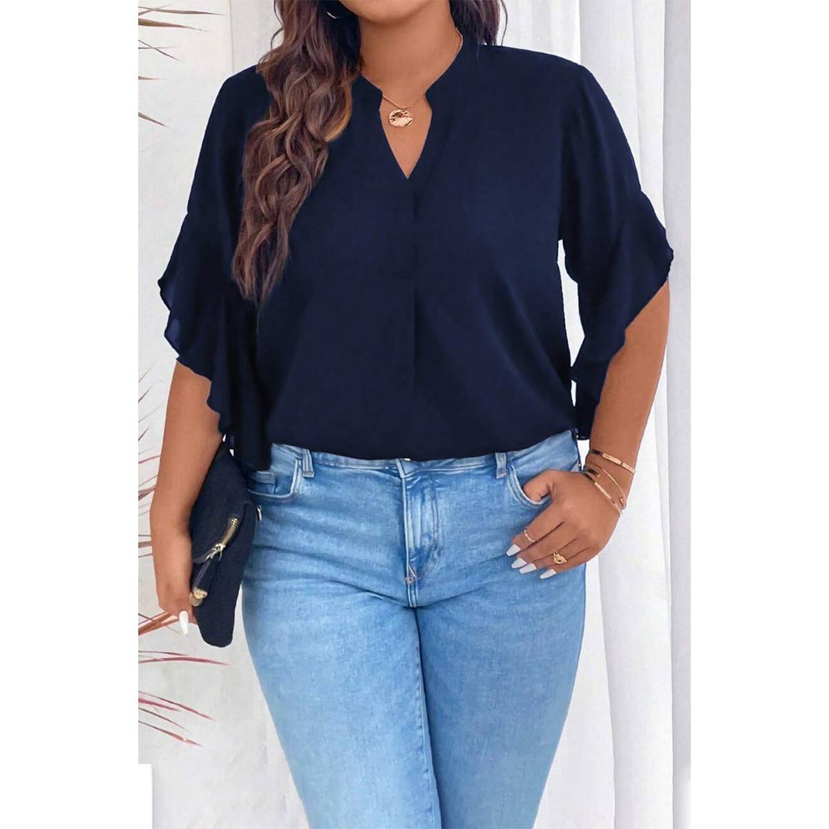 Plus V Neck Ruffle Half Sleeves Loose Blouse - MVTFASHION.COM