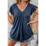 Plus V Neck Solid Ruffle Ruched Fit Basic Top - MVTFASHION.COM