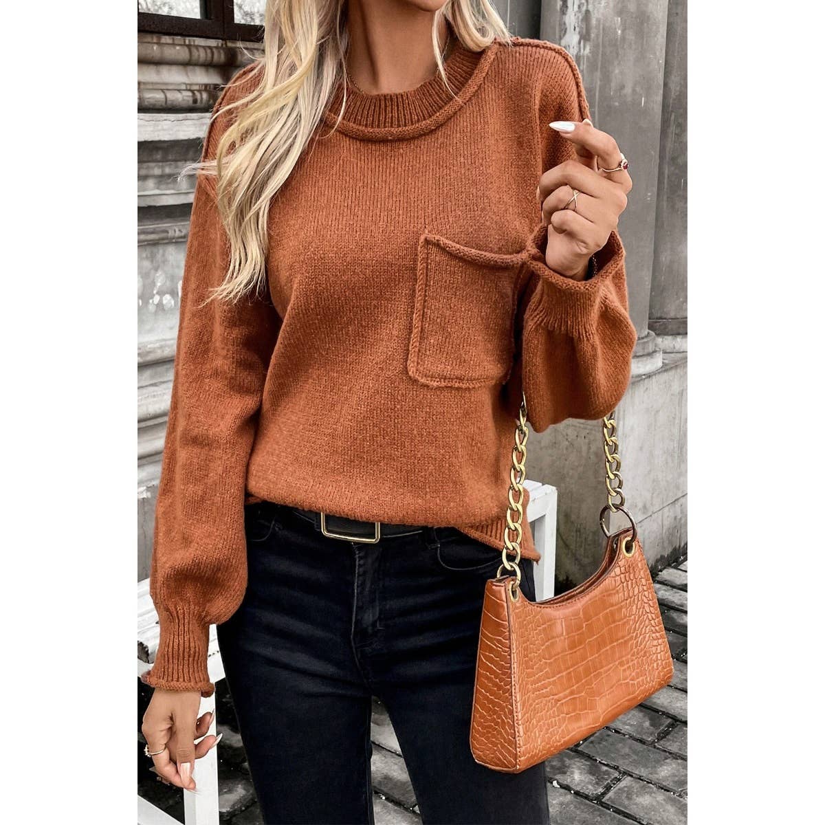 Pocket Patch Drop Shoulder Round Neck Sweater