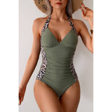 Printed Halter Deep V Neck Bodycon Swimsuit