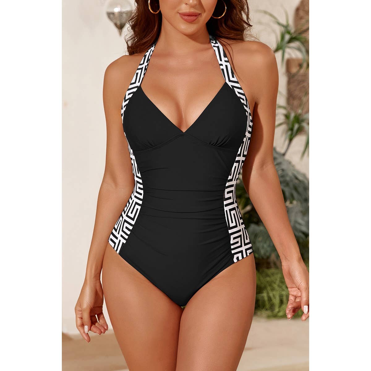 Printed Halter Deep V Neck Bodycon Swimsuit