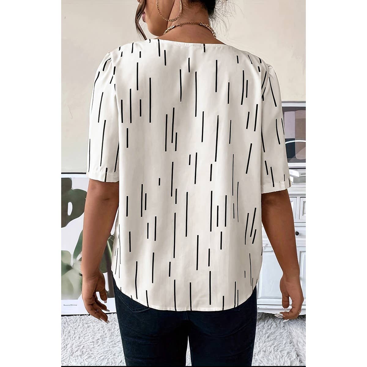 Printed Puff Sleeve Shirt With Line Pattern - MVTFASHION.COM