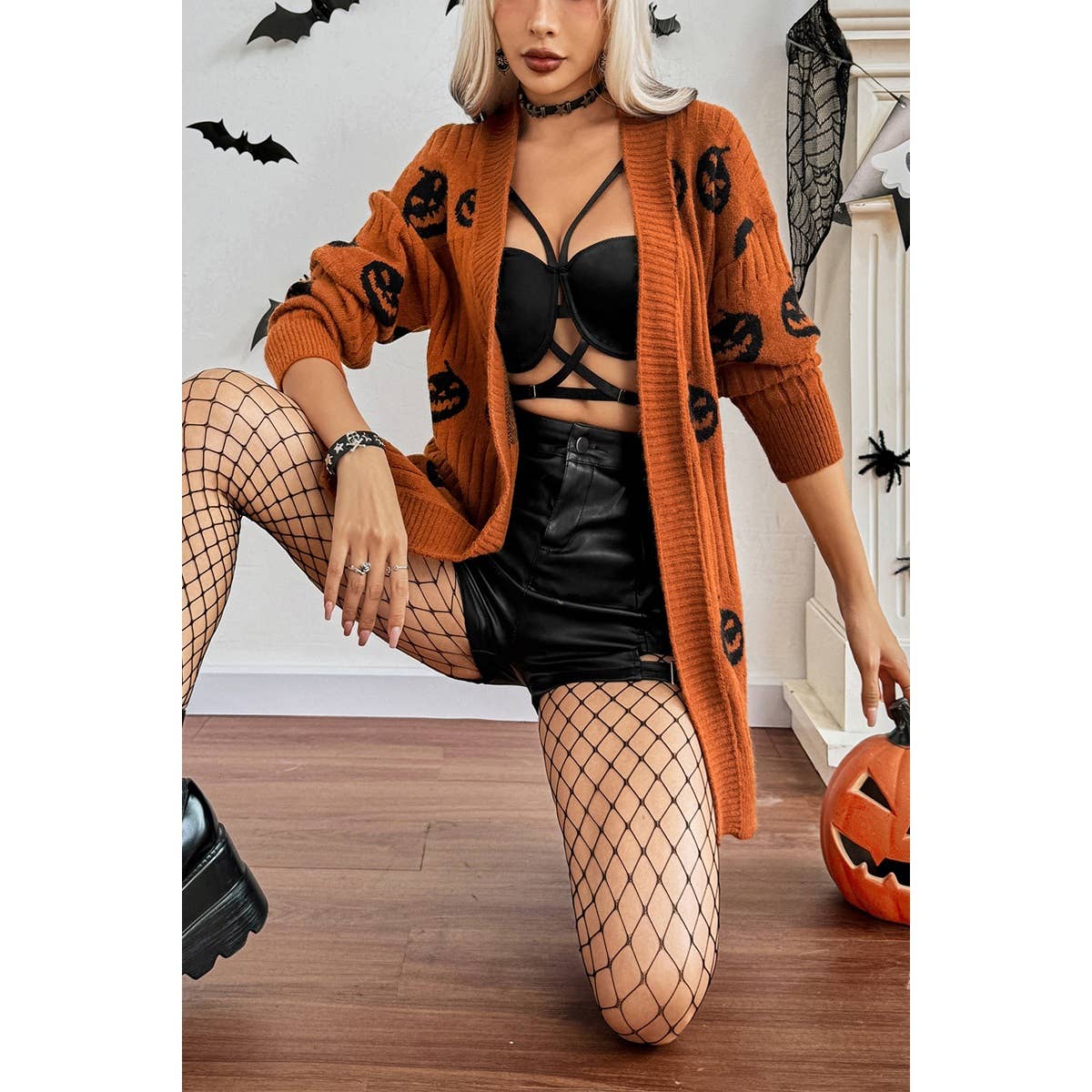 Pumpkin Print Open Front Long Sleeve Cardigan