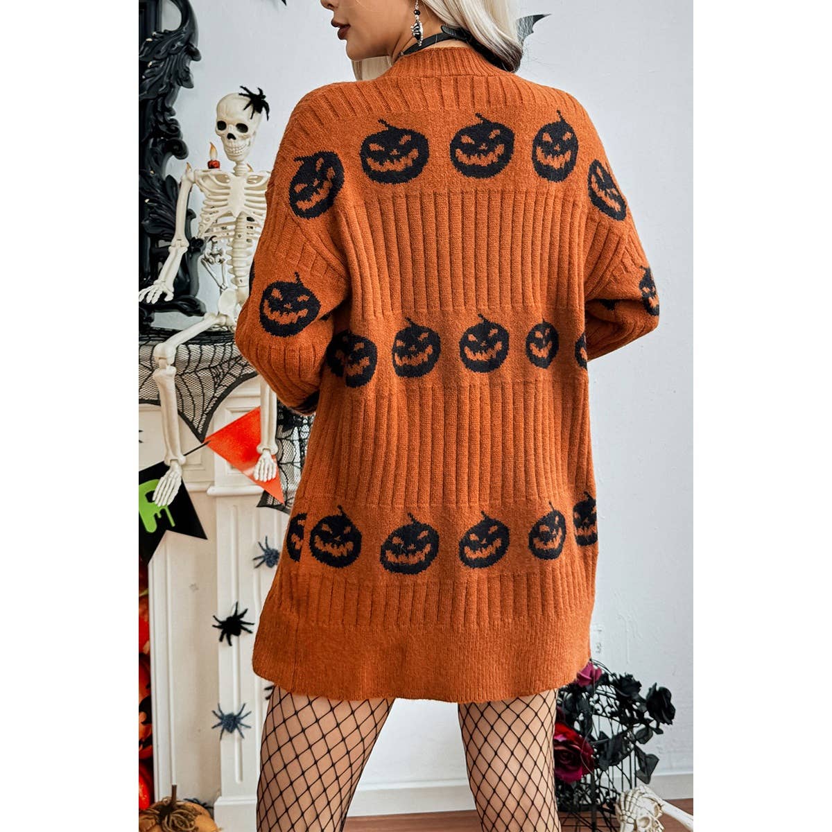 Pumpkin Print Open Front Long Sleeve Cardigan