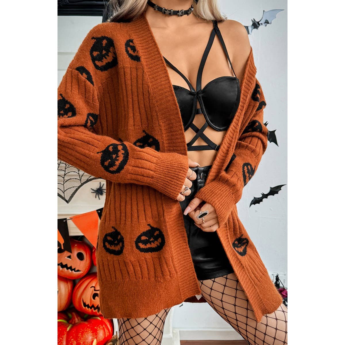 Pumpkin Print Open Front Long Sleeve Cardigan