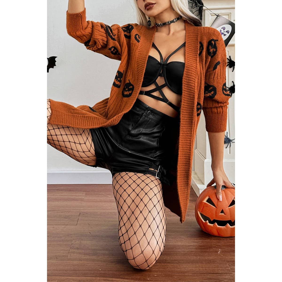 Pumpkin Print Open Front Long Sleeve Cardigan