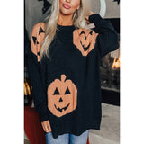 Pumpkin Print Round Neck Loose Fit Knit Sweater