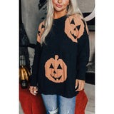 Pumpkin Print Round Neck Loose Fit Knit Sweater