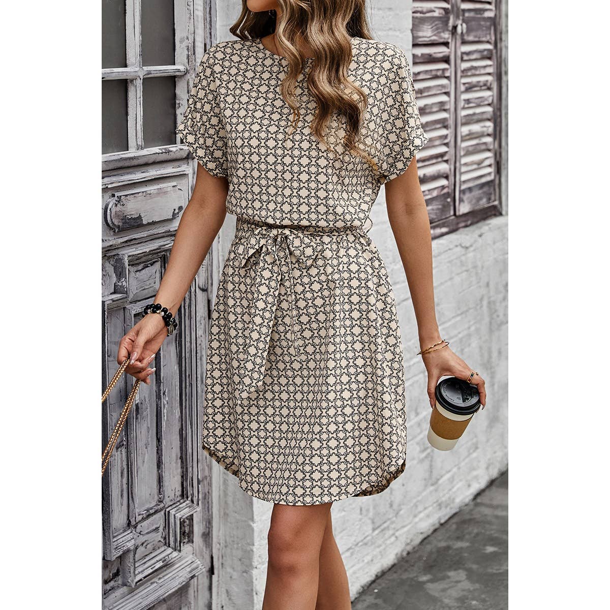 Round Neck Allover Print Belt Fit Dress | Dress - Women's | above the knee, Dress, F, new arrival | Elings