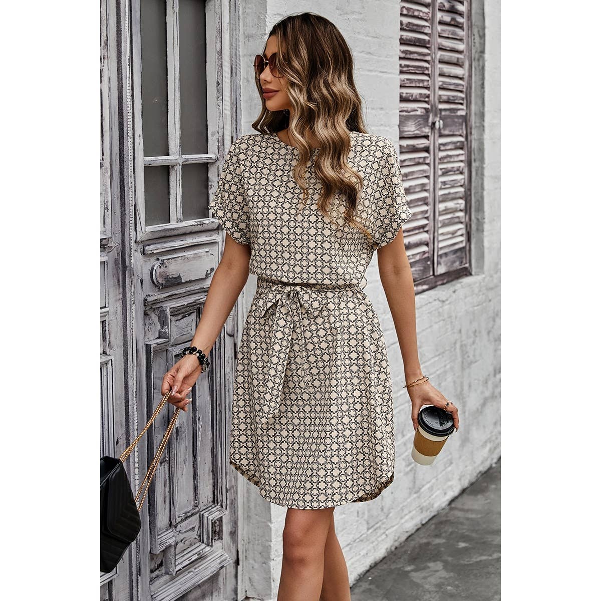 Round Neck Allover Print Belt Fit Dress