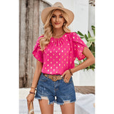 Round Neck Ruched Dot Print Loose Blouse