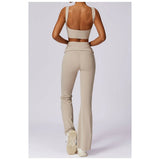 Ruched High Waist Solid Long Elastic Flare Pants