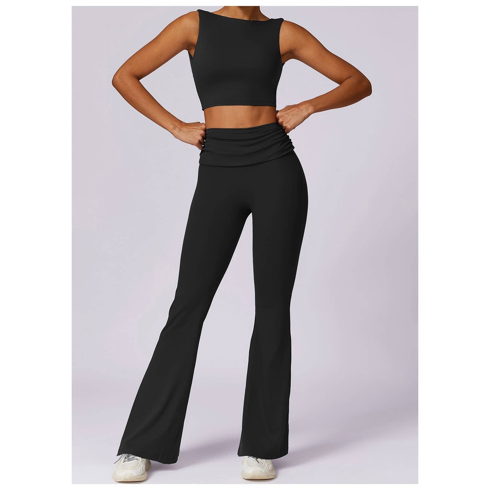 Ruched High Waist Solid Long Elastic Flare Pants