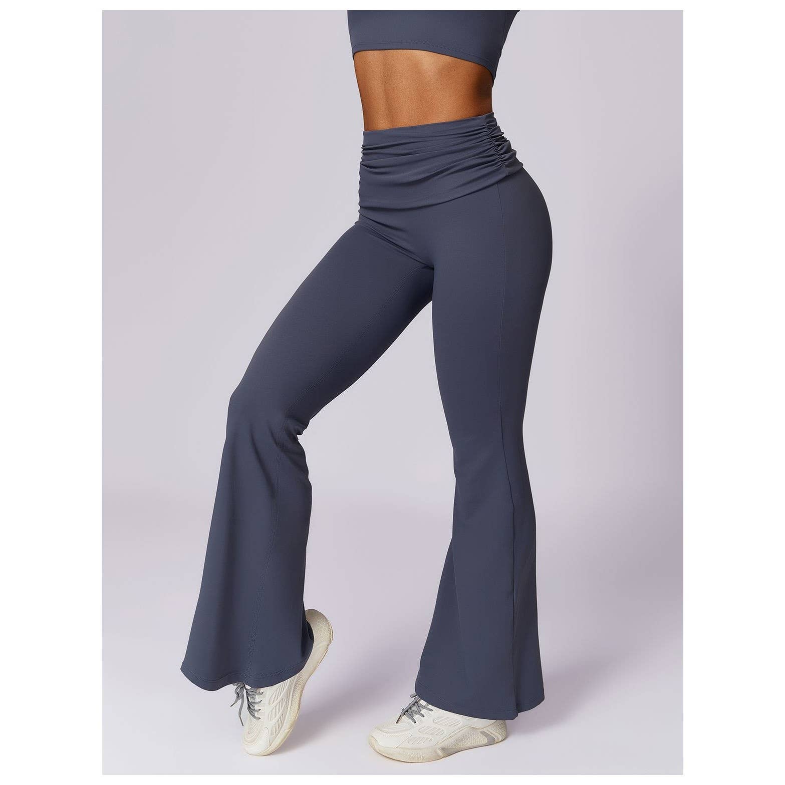 Ruched High Waist Solid Long Elastic Flare Pants