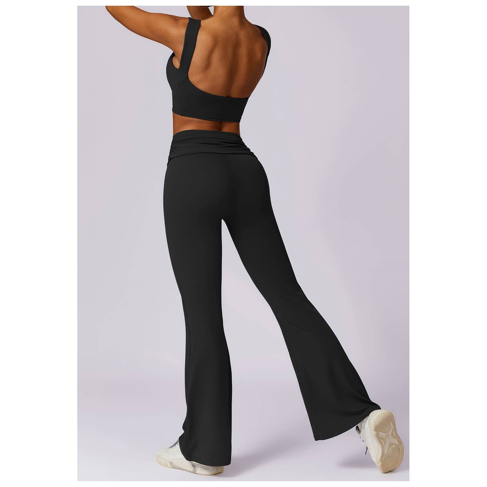 Ruched High Waist Solid Long Elastic Flare Pants