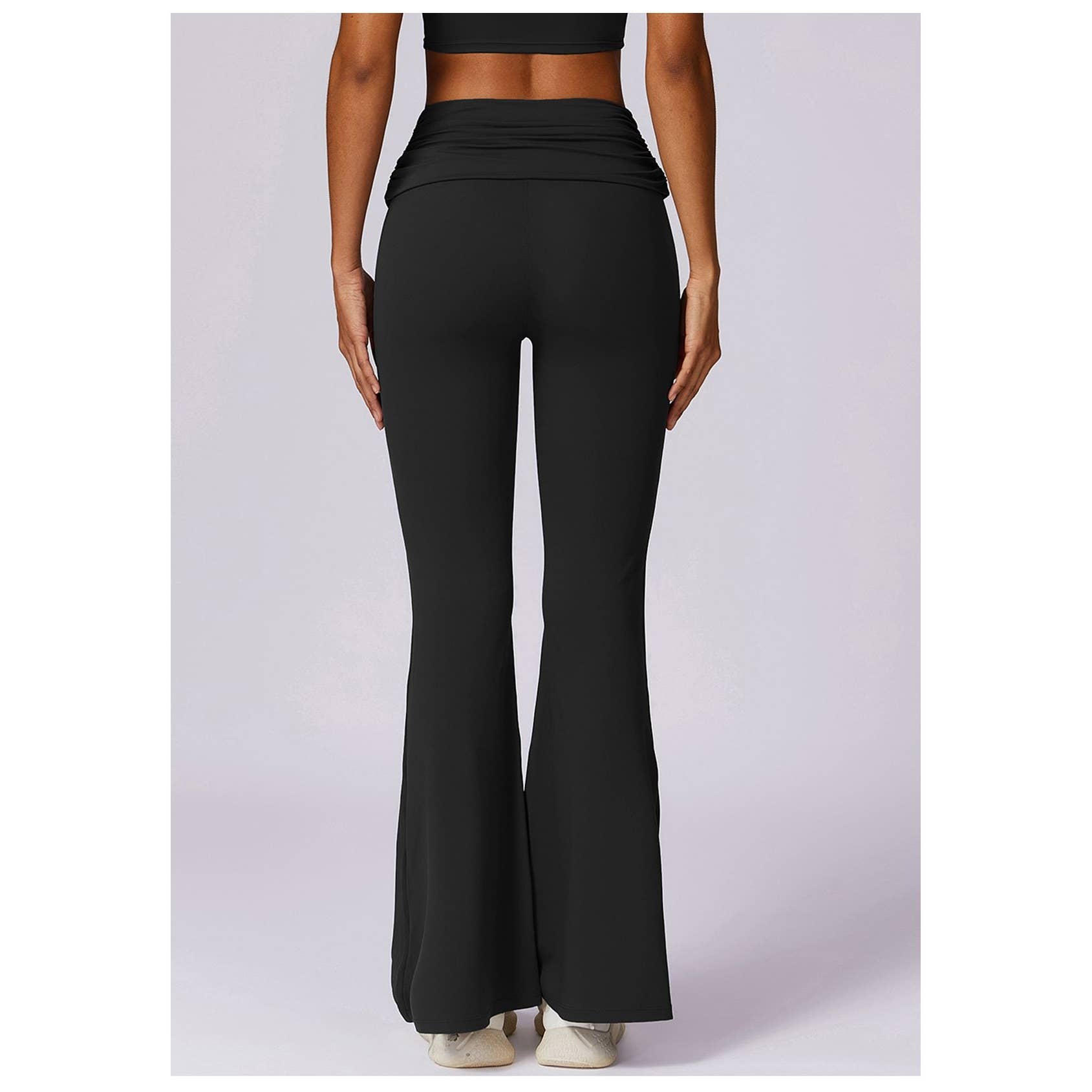 Ruched High Waist Solid Long Elastic Flare Pants