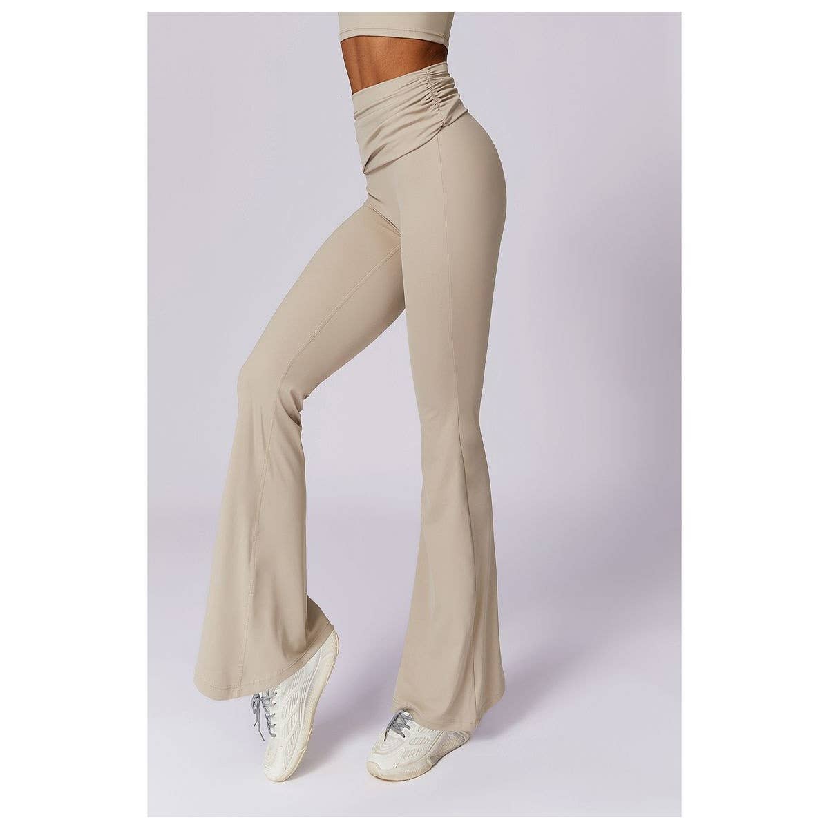 Ruched High Waist Solid Long Elastic Flare Pants