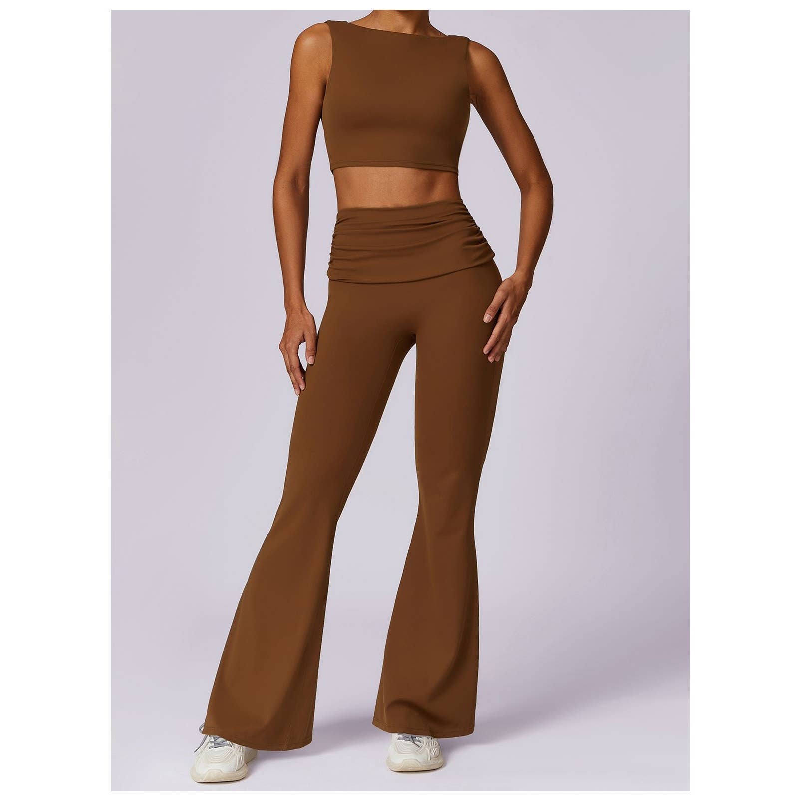 Ruched High Waist Solid Long Elastic Flare Pants