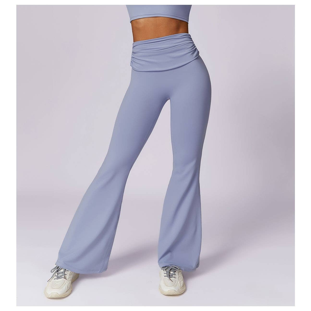 Ruched High Waist Solid Long Elastic Flare Pants