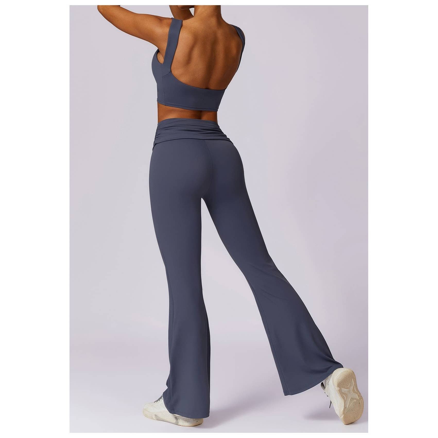 Ruched High Waist Solid Long Elastic Flare Pants