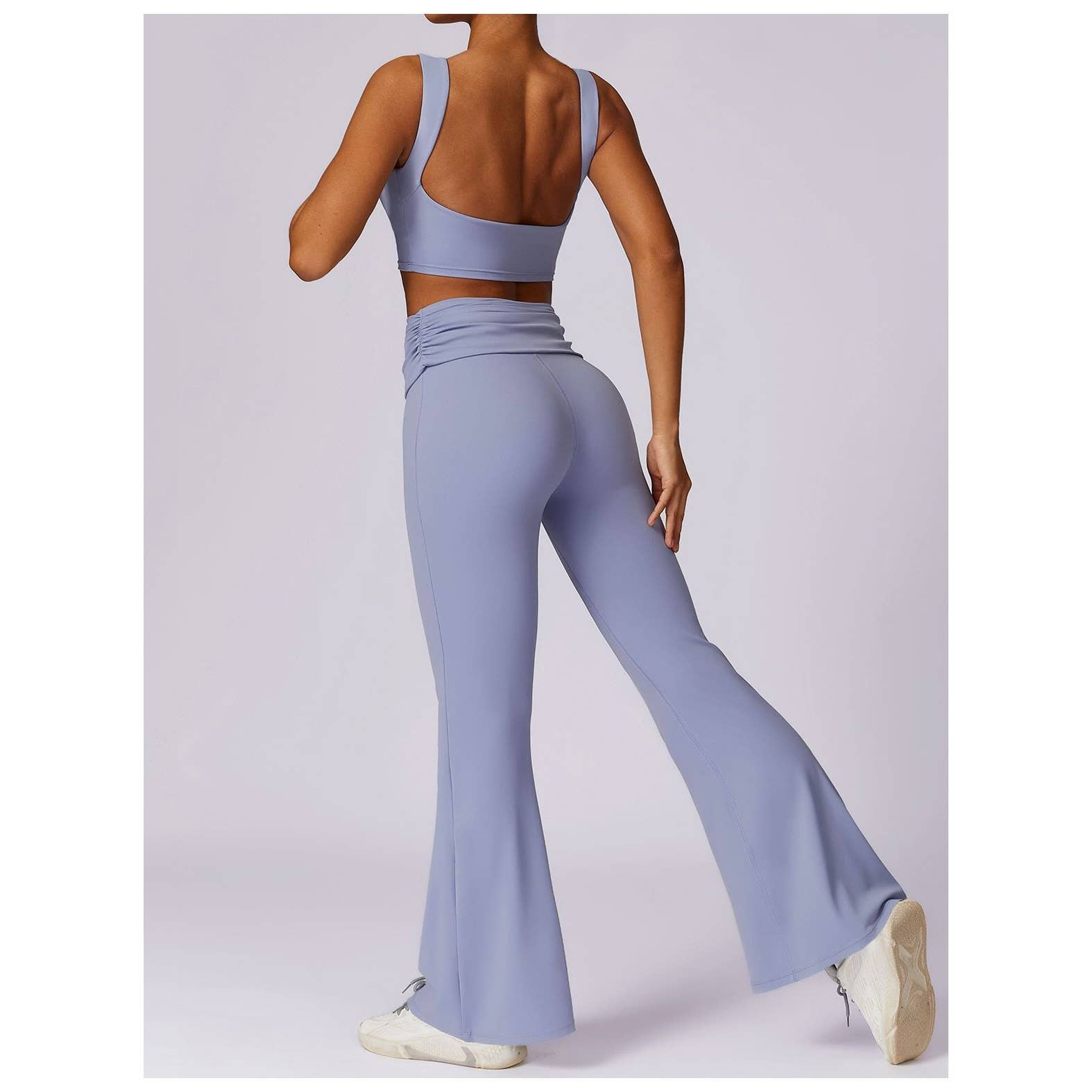 Ruched High Waist Solid Long Elastic Flare Pants