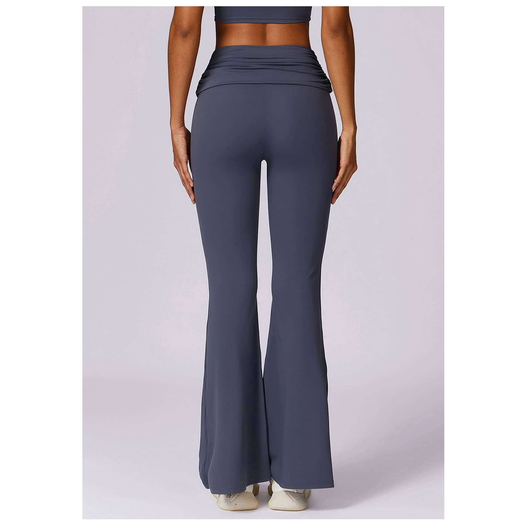 Ruched High Waist Solid Long Elastic Flare Pants