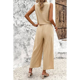 Sleeveless Button Deep V Neck Pockets Solid Sets - MVTFASHION.COM