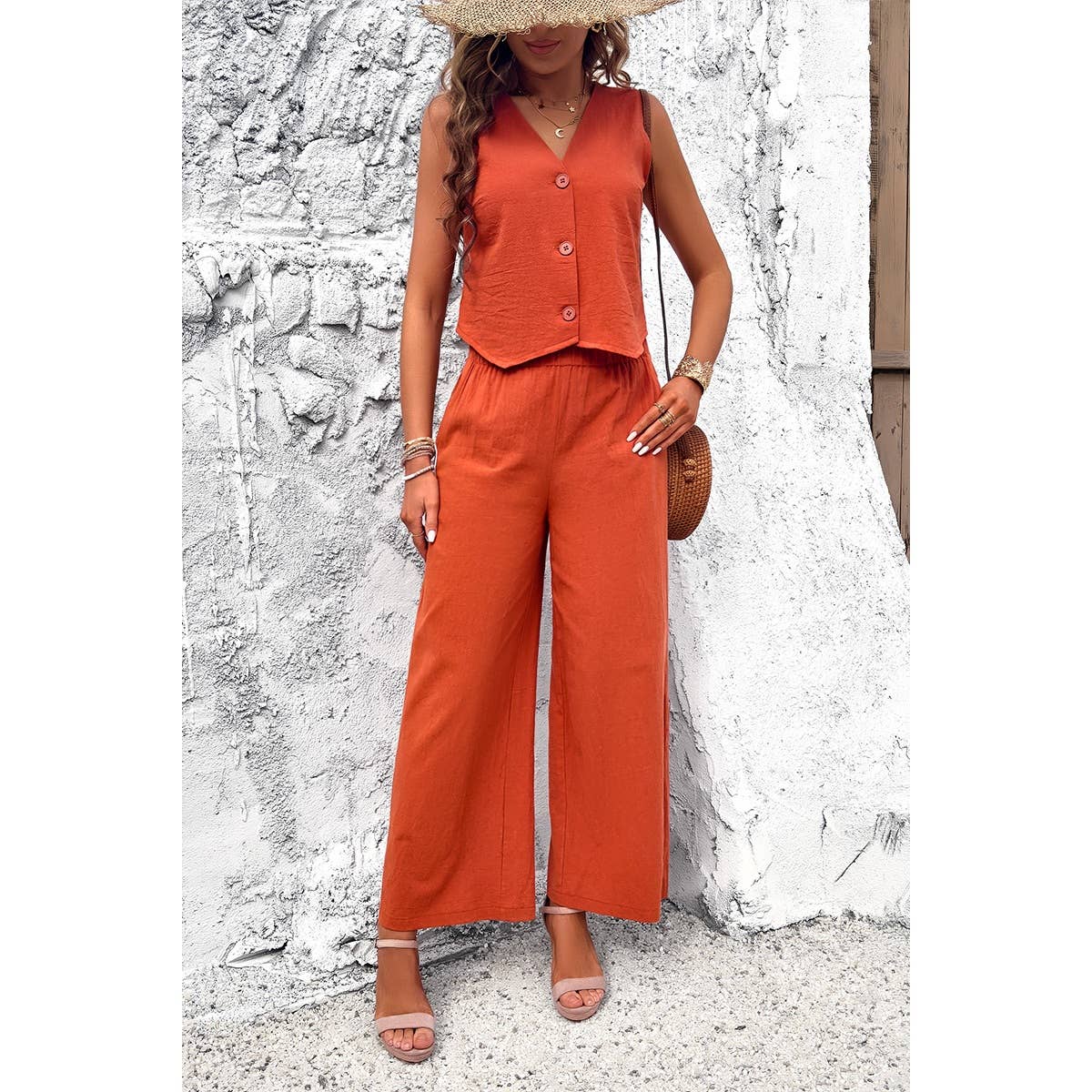 Sleeveless Button Deep V Neck Pockets Solid Sets - MVTFASHION.COM