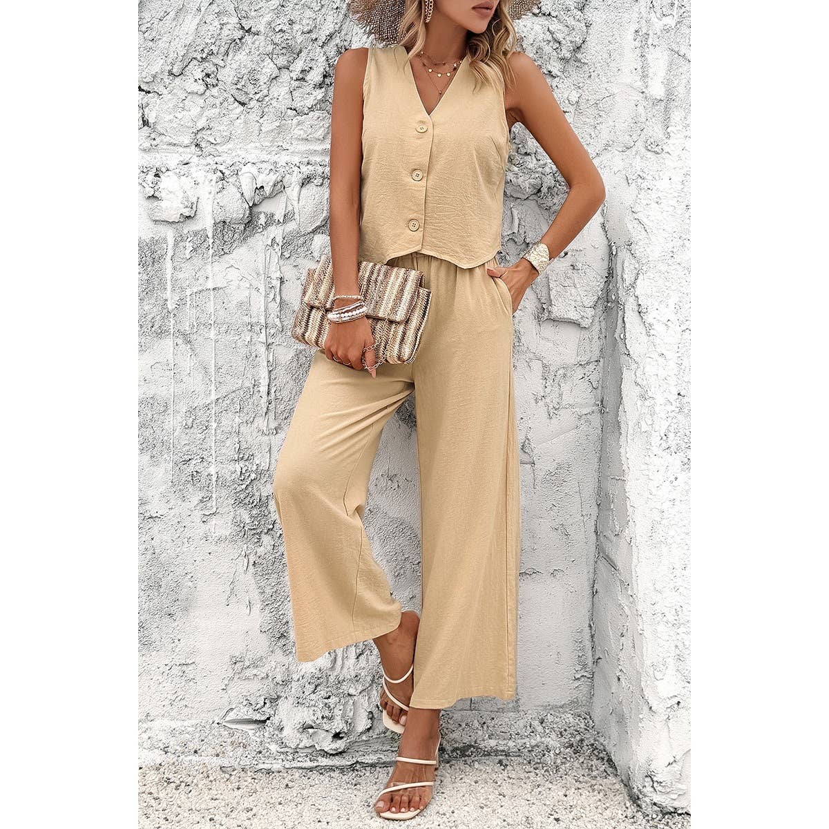 Sleeveless Button Deep V Neck Pockets Solid Sets - MVTFASHION.COM