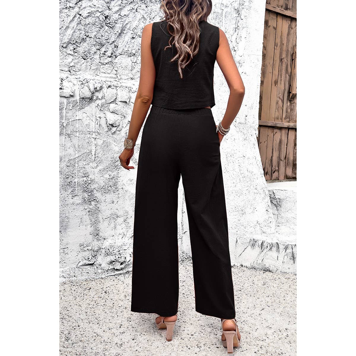 Sleeveless Button Deep V Neck Pockets Solid Sets - MVTFASHION.COM