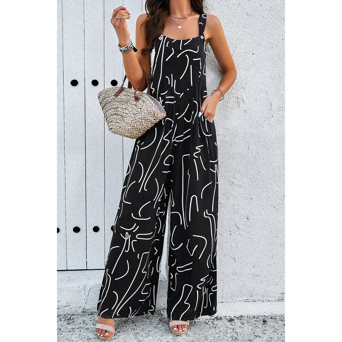 Sleeveless Button Wide Leg Pockets Jumpsuit