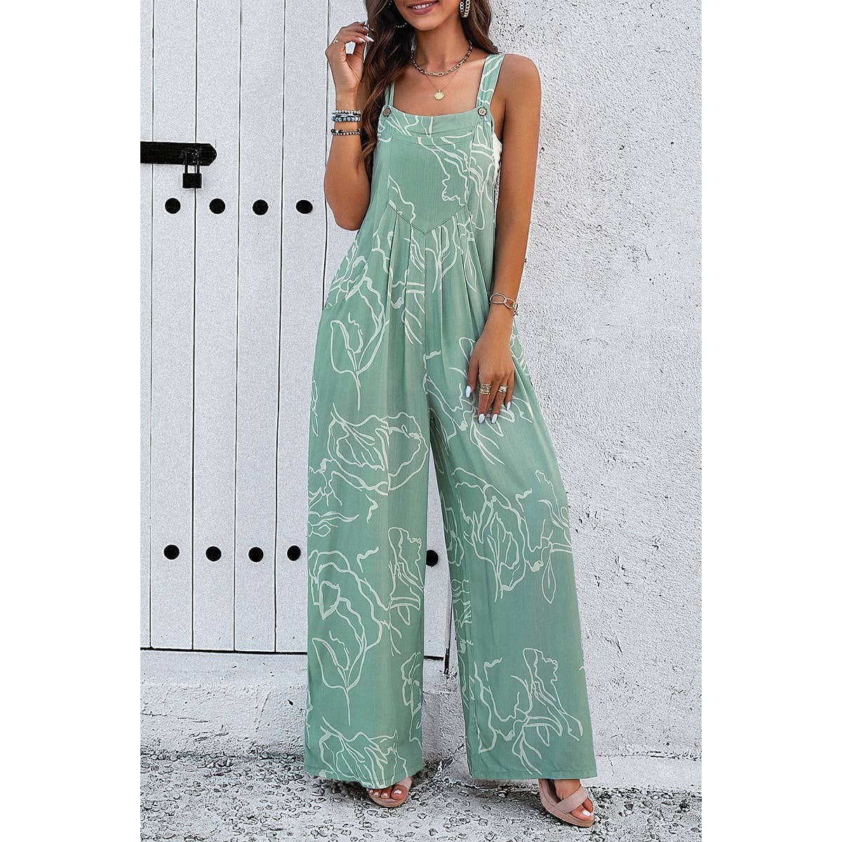 Sleeveless Button Wide Leg Pockets Jumpsuit