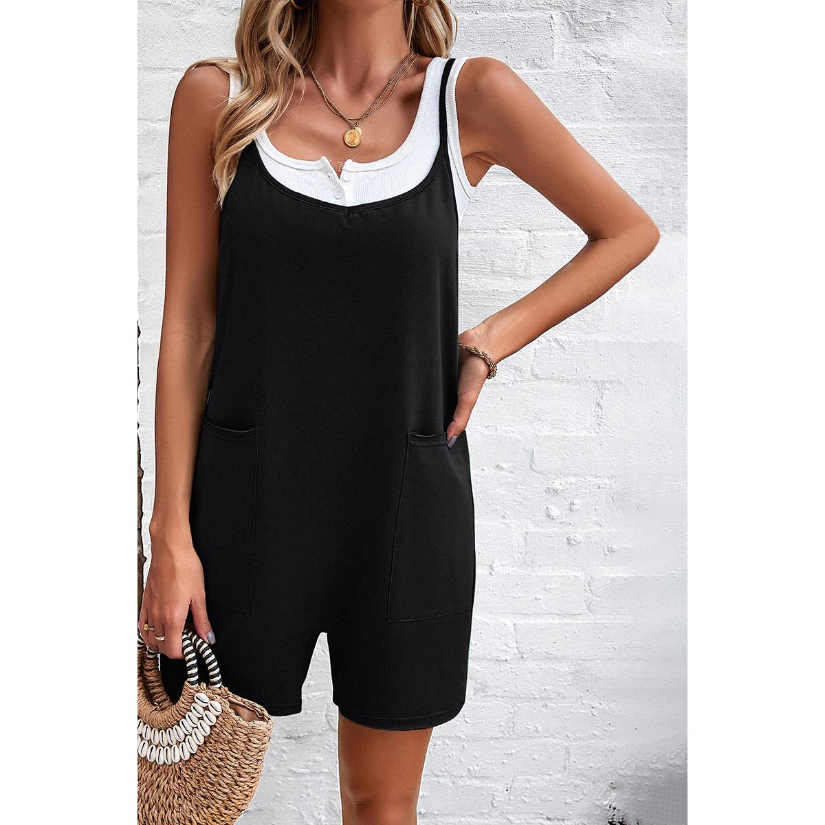 Sleeveless Low Neck Cross Back Pockets Romper