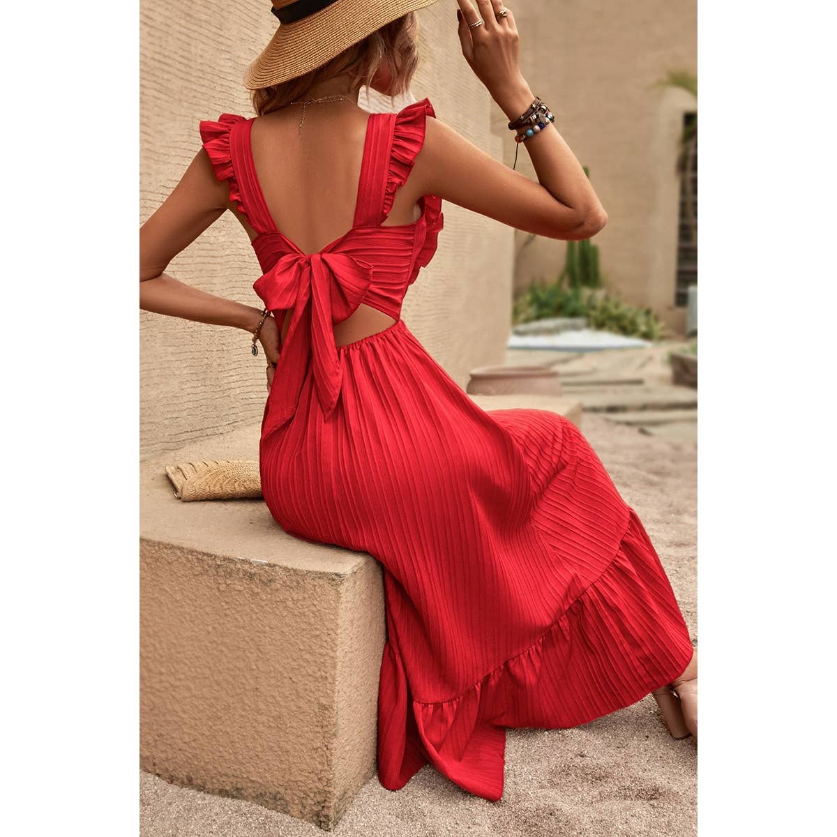 Sleeveless Ruffle Cross Open Back Knot Fit Dress