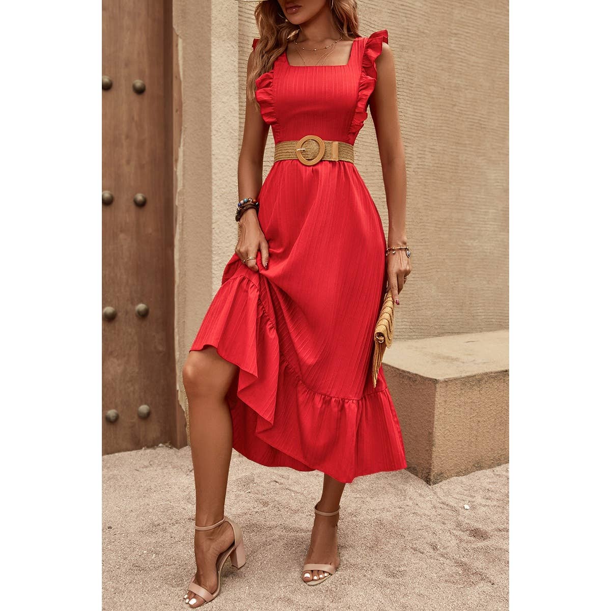 Sleeveless Ruffle Cross Open Back Knot Fit Dress | Dress - Women's | Dress, F, midi dress, new arrival | Elings