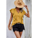 Solid Button Ruffle V Neck Fit Blouse