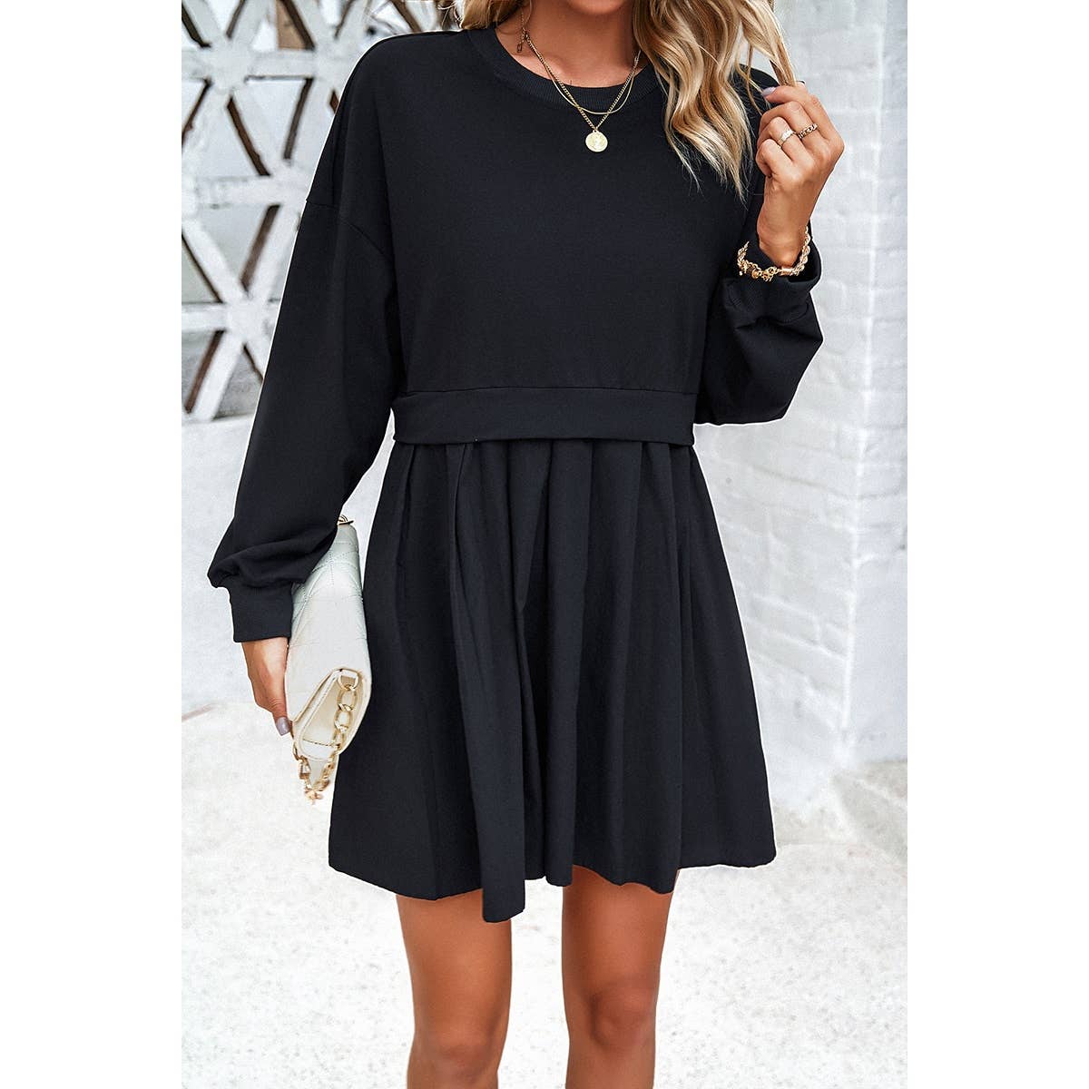 Solid Drop Shoulder Ruched Fit Patchwork Dress