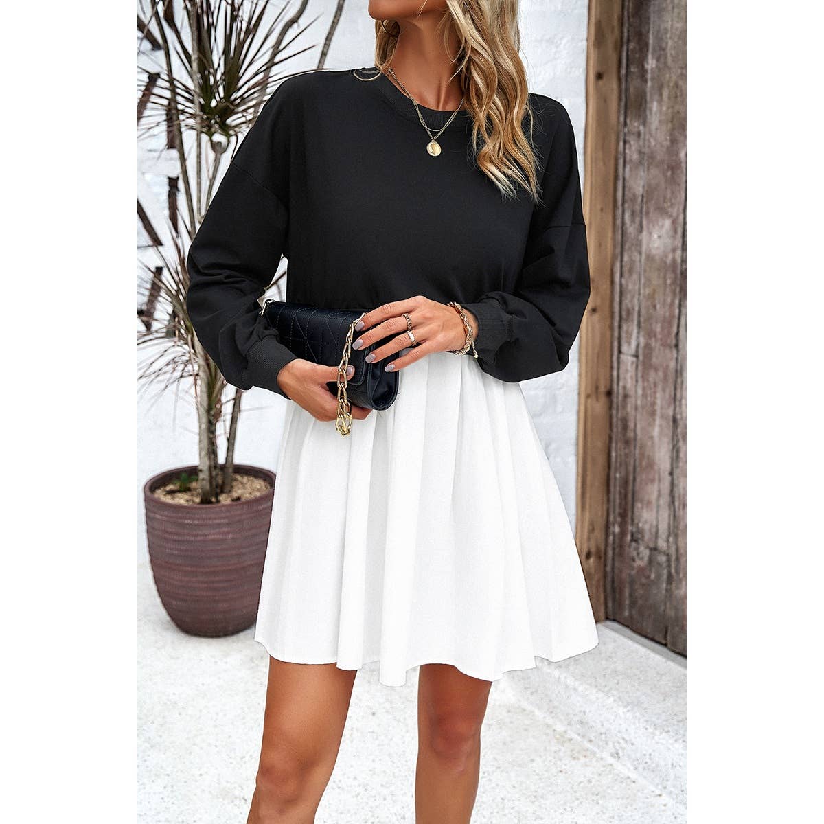 Solid Drop Shoulder Ruched Fit Patchwork Dress