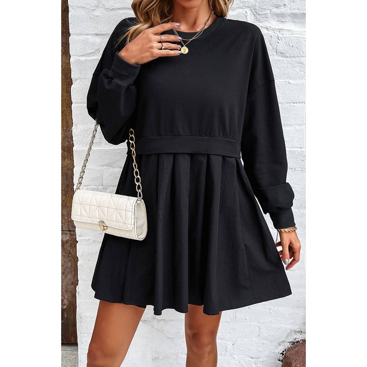 Solid Drop Shoulder Ruched Fit Patchwork Dress