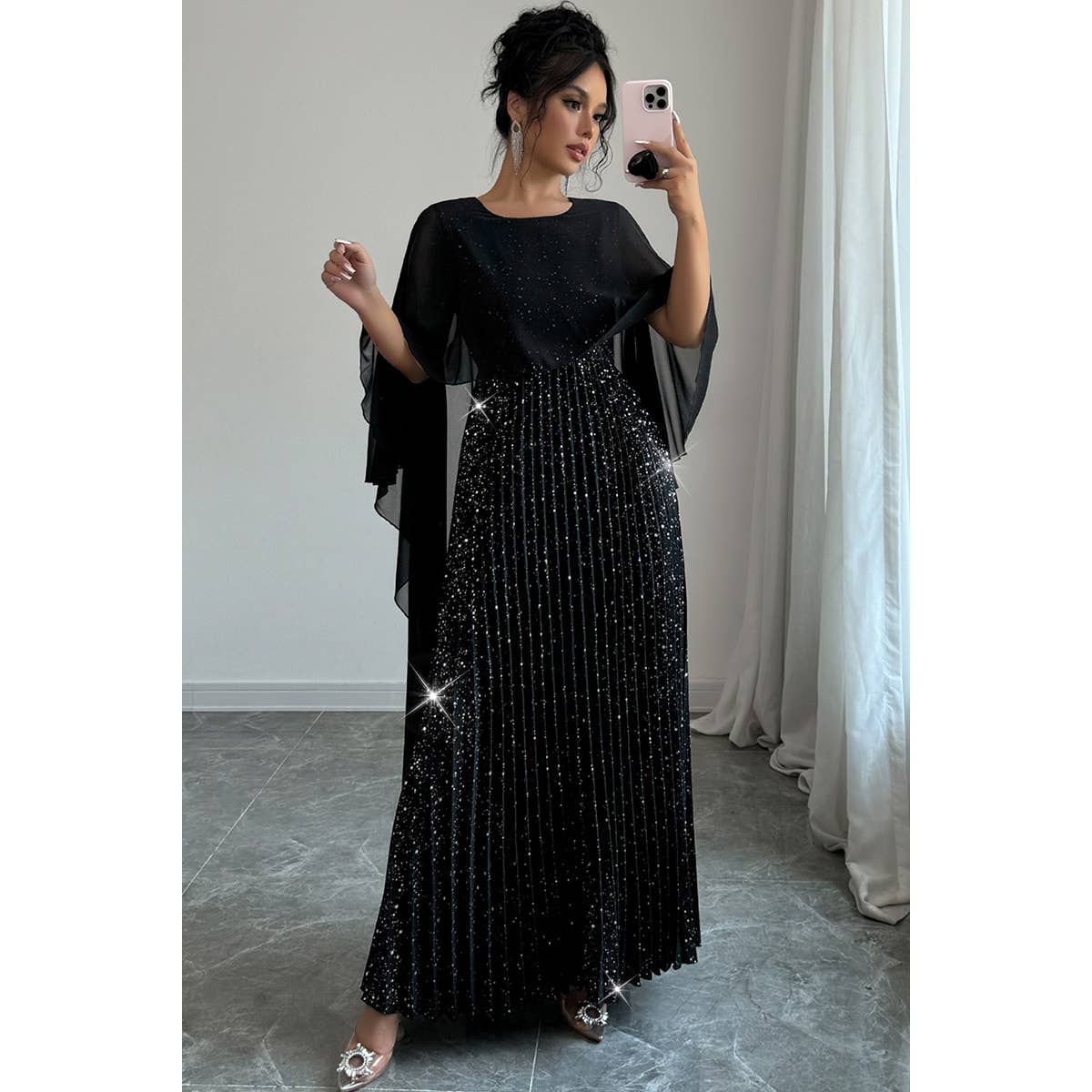 Solid Elegant Sequin Satin Knit Party Long Dress