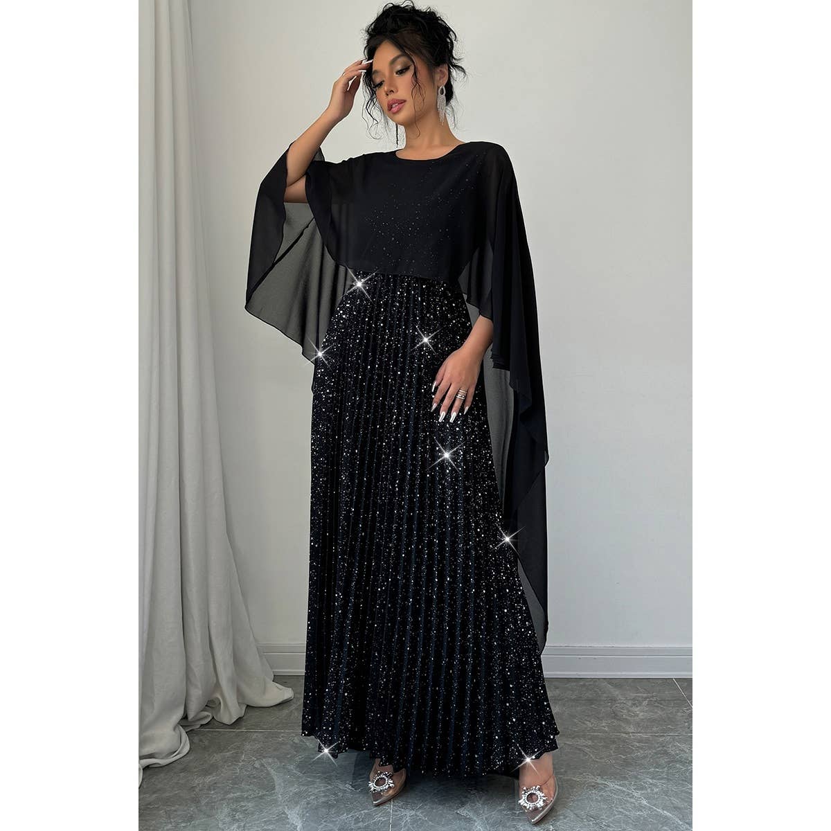 Solid Elegant Sequin Satin Knit Party Long Dress