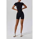 Solid Half Zipper Sculpt Waist Short Sleeve Romper