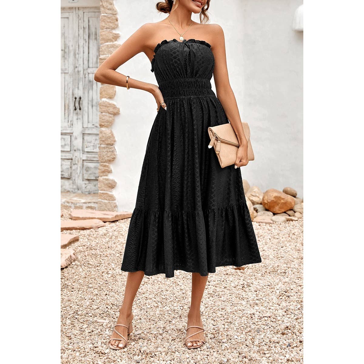 Solid Off Shoulder Elasit Waist Ruffle Dress