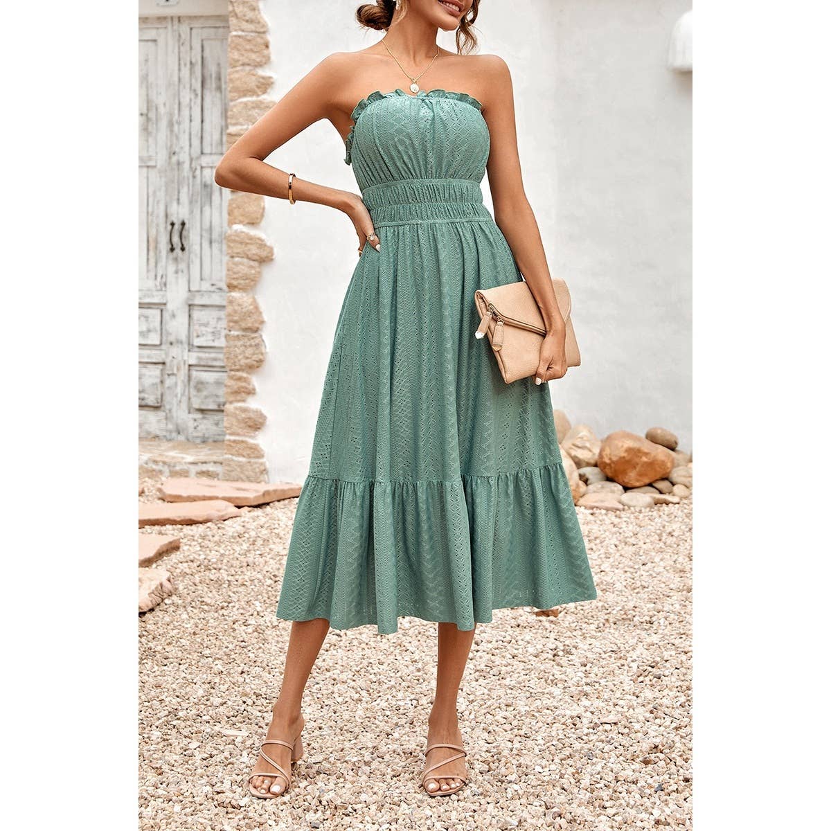 Solid Off Shoulder Elasit Waist Ruffle Dress