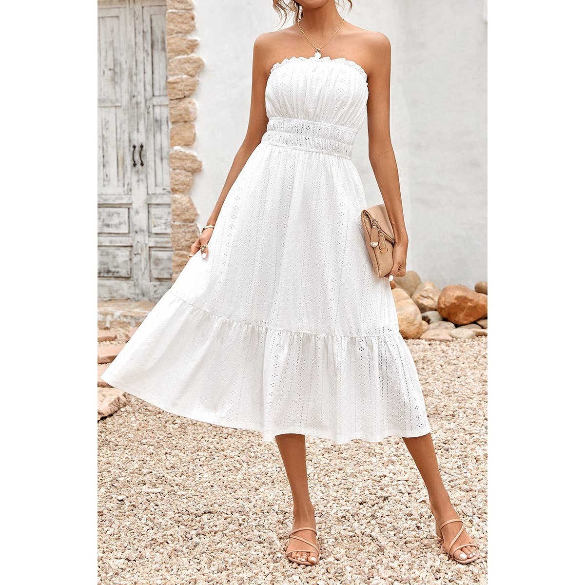 Solid Off Shoulder Elasit Waist Ruffle Dress